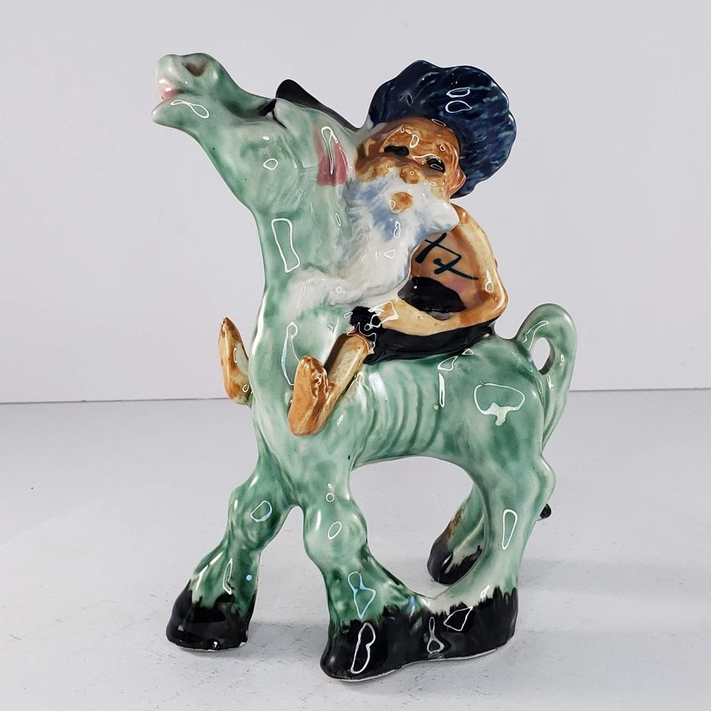 Vintage Man Riding Green Donkey Figurine Salt Pepper Shaker Holder